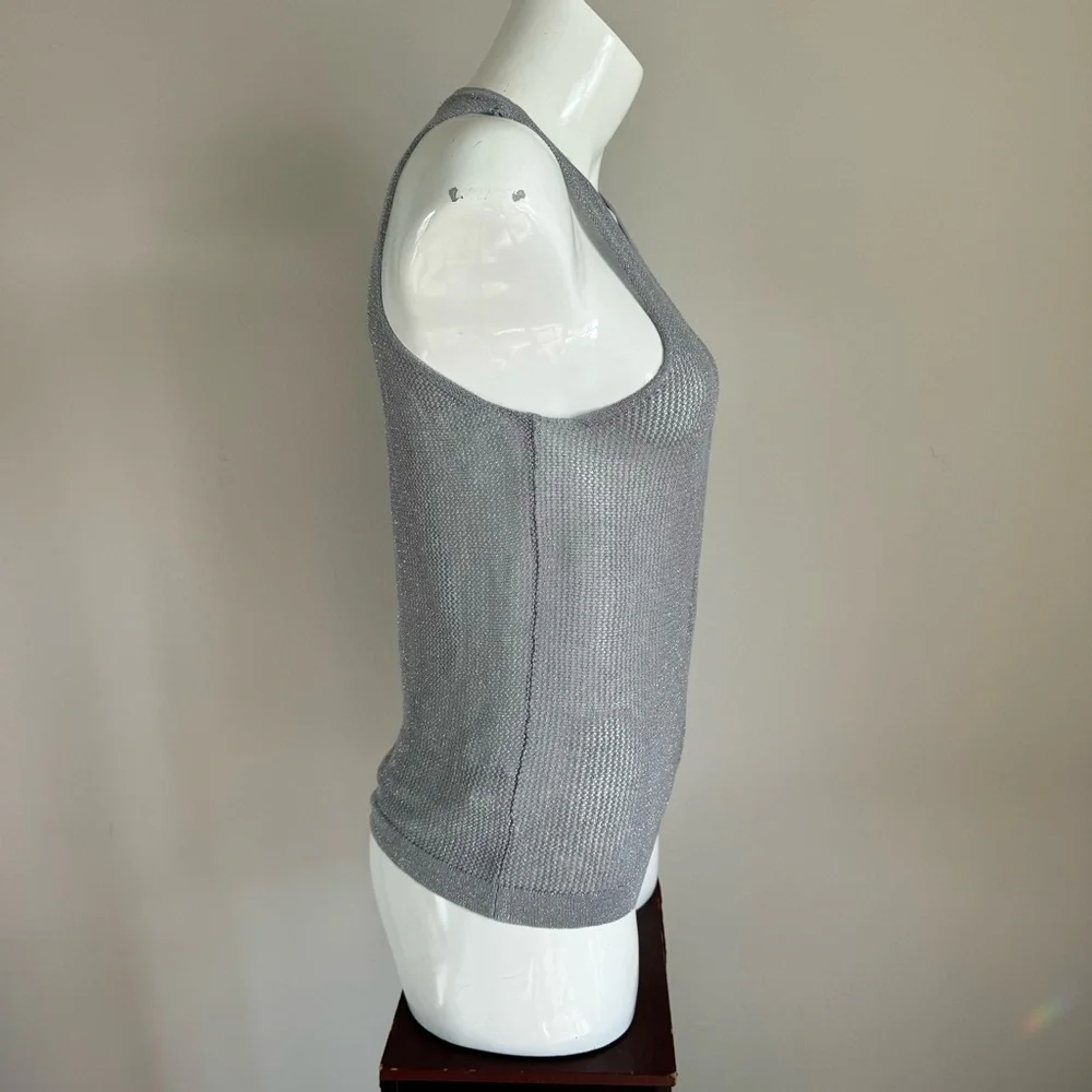 GEF France Silver Metallic Open Knit Tank Top Size L Y2K Coastal Chic trendy - Picture 5 of 8